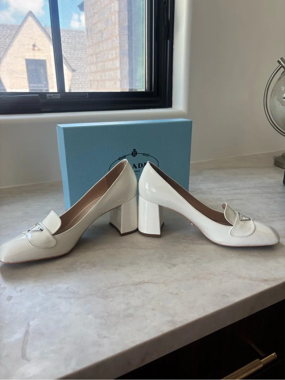 Prada Cream Patent Leather Mid Heel Loafers